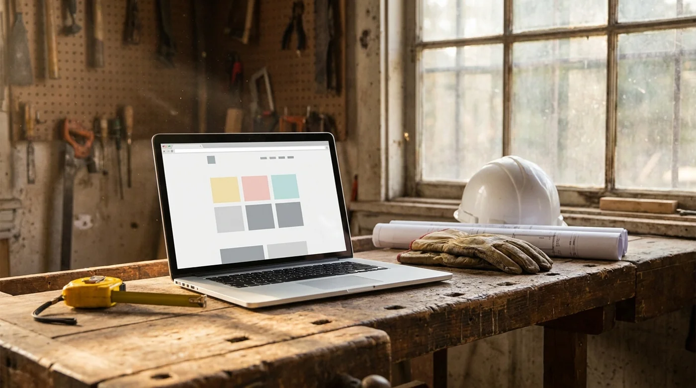 Website design for small businesses displayed on a laptop at a contractor's workbench