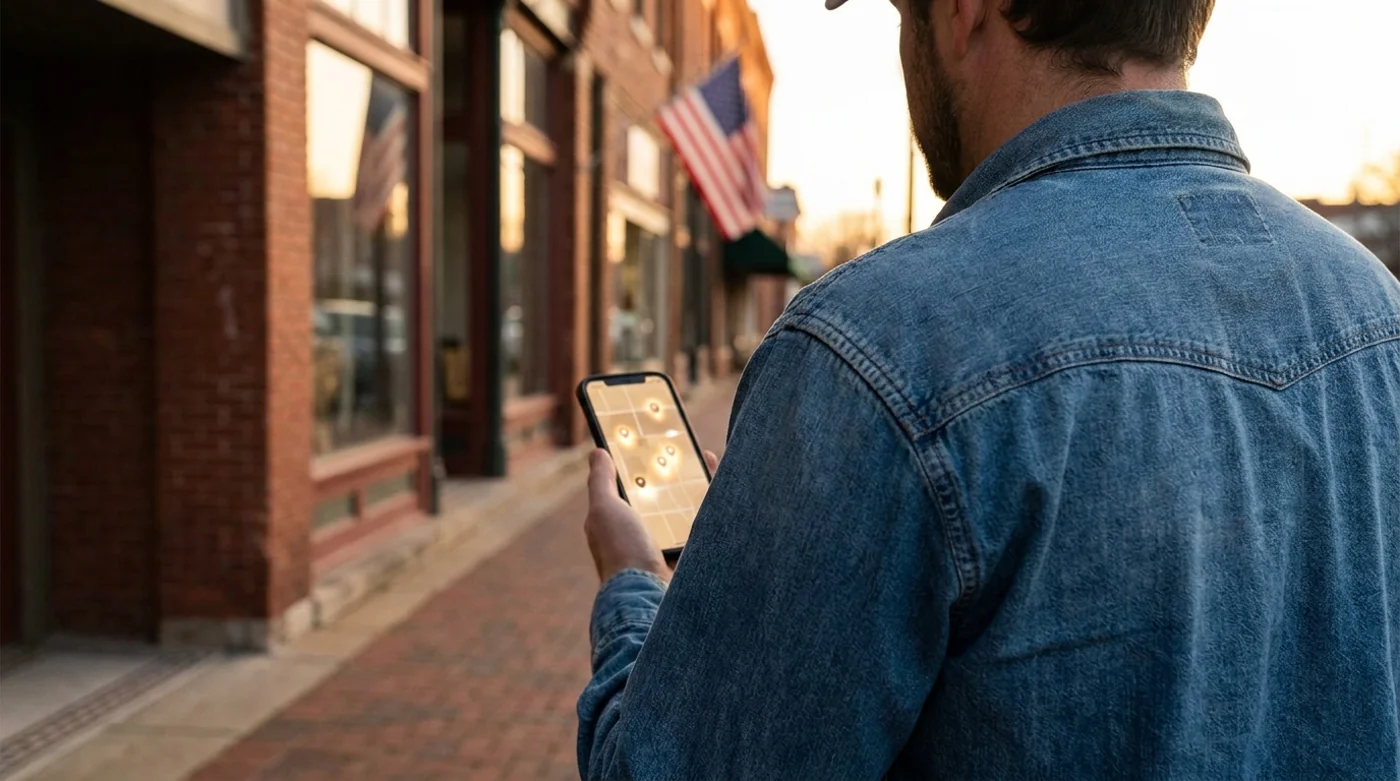 Small business owner checking local SEO map rankings on his phone in a Texas town