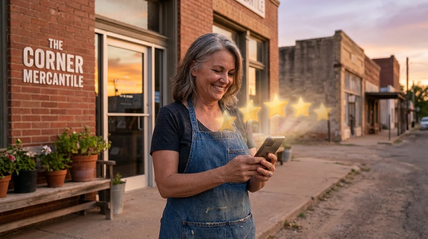 Local shop owner managing her Google Business Profile reviews on her phone
