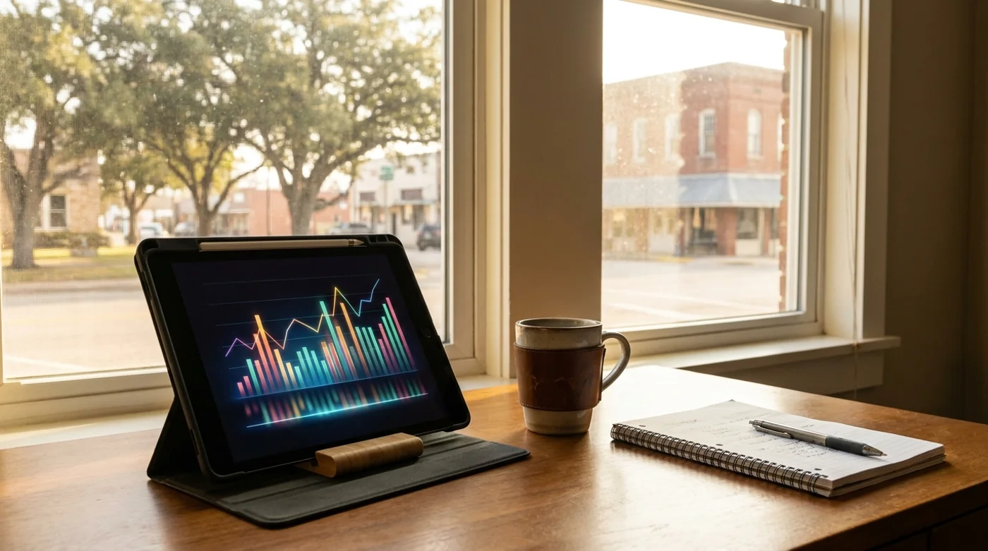 Google Ads and Meta Ads performance dashboard on a tablet in a small business office