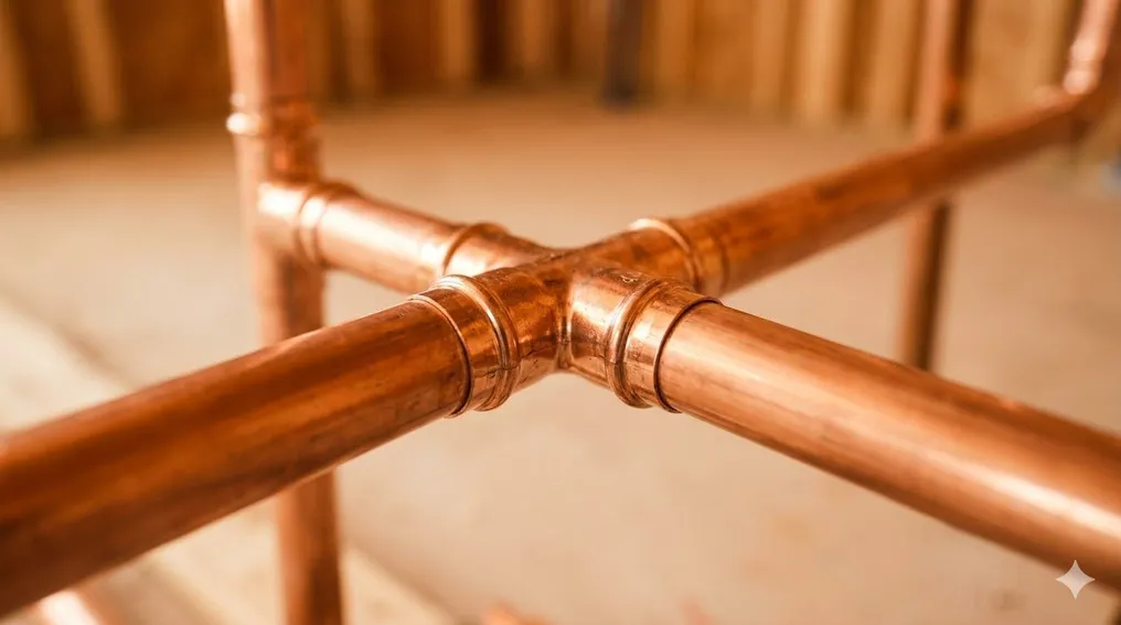 Copper plumbing pipes precisely connected, representing operational infrastructure