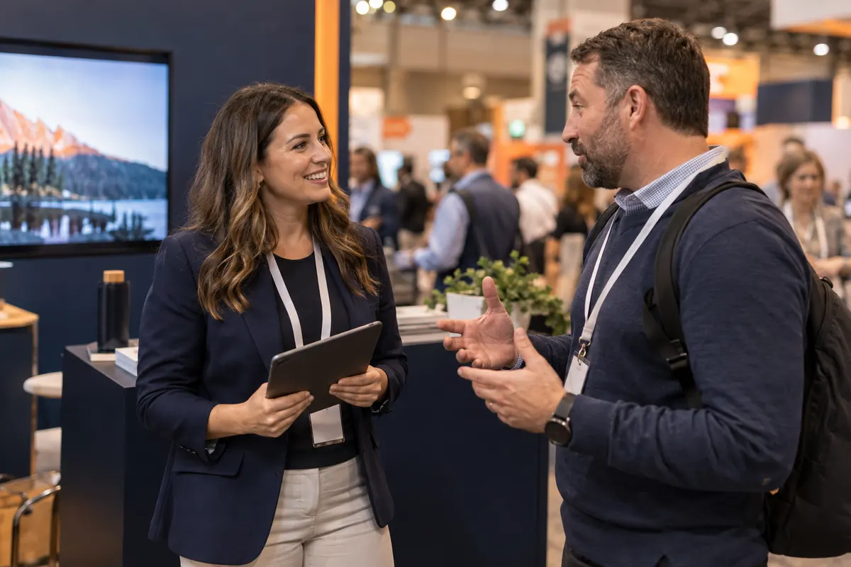 Business representatives recording a visitor's details during a conversation at a trade show booth.